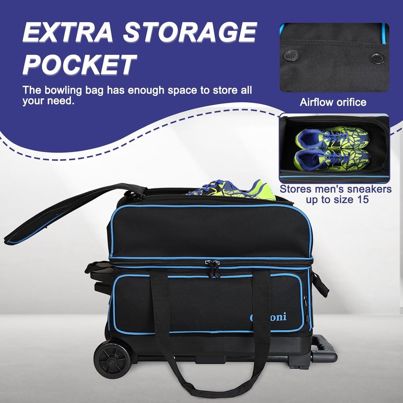 Goloni Double Roller 2 Ball Bowling Bag with Separate Shoe Compartment,2 Ball Bowling Bag with Wheels,Retractable Handle Extends to 40" - Image 4